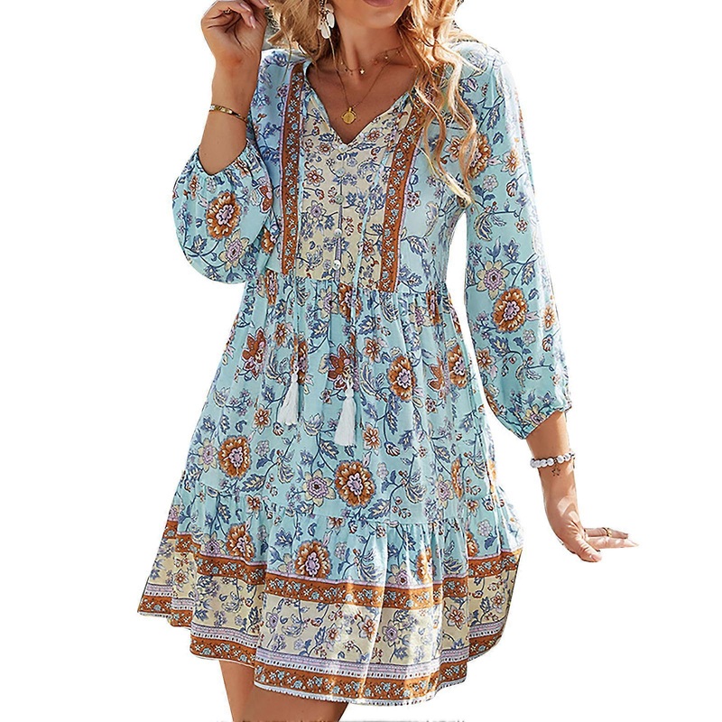Chic Blue V-Neck Floral Print Dress – Elegant Loose Waist Splicing Hem Elastic Ruffle Cuff Tassel Tie, L | Fruugo SG