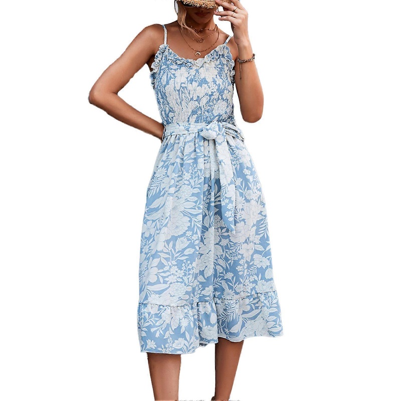 Chic Light Blue Spaghetti Strap Dress – Stylish Shirred Frill Trim U-Neck Belted Floral Print Outfit, M | Fruugo SG