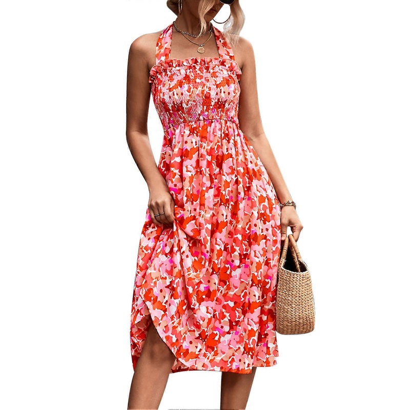 Chic Pink Floral Halter Neck Dress – Stylish Backless Ruffle Hem Shirred Summer Fashion, M | Fruugo SG