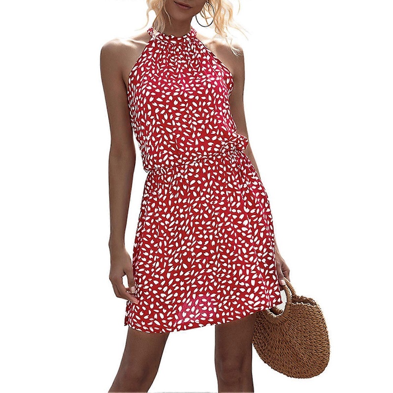 Chic Red Halter Neck Short Dress – Stylish Sleeveless Elastic Waistband Printed Summer Fashion, M | Fruugo SG