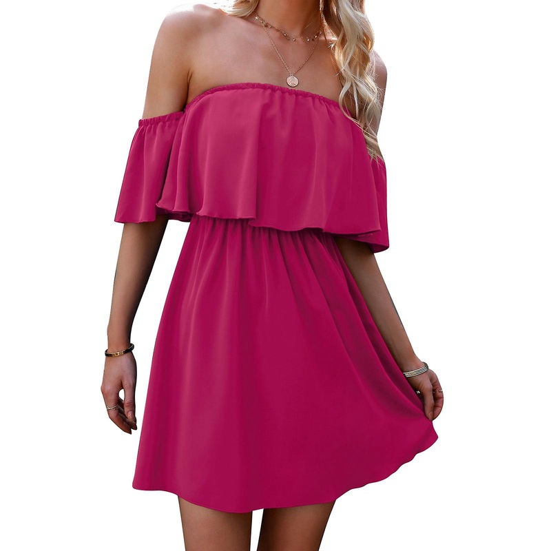 Chic Rose Red Off-Shoulder Tube Top Dress – Elegant Elastic Waist A-Line Ruffle Short Casual Wear, L | Fruugo SG