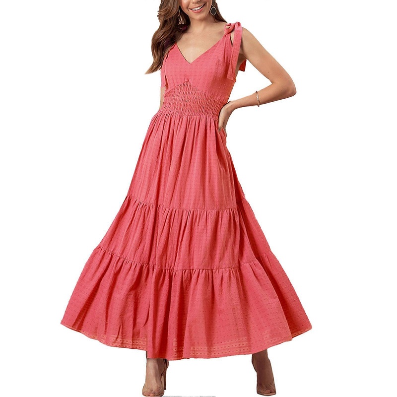 Chic Watermelon Red Slip Dress – Round Dot Fabric, Large Hem, Slim Waist, V Neck Tie Strap, Size L | Fruugo SG