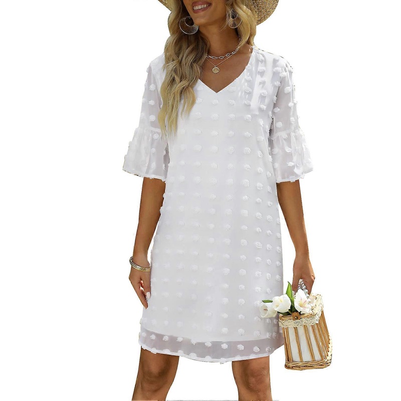 Chic White Polka Dot Chiffon Dress – Stylish V-Neck Ruffled Flare Sleeve A-Line Casual Wear, M | Fruugo SG
