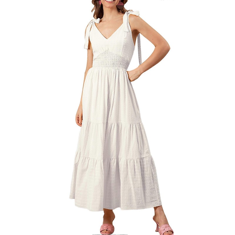 Chic White Summer Dress – V Neck Tie Strap, Slim Waist, Large Hem, Breathable & Stylish, Size M | Fruugo SG