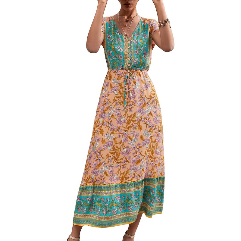 Chic Yellow Green V-Neck Floral Print Dress – Stylish Button Front Short Sleeve Summer Wear, XL | Fruugo SG