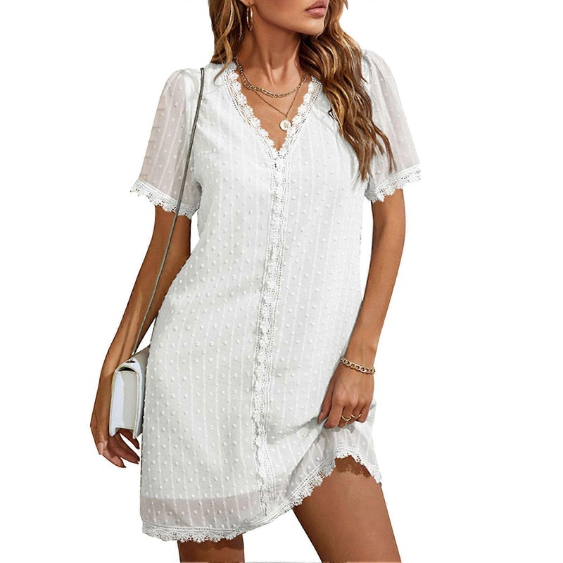 Classic V-Neck Dot Lace Dress – Elegant Short Sleeve Above Knee Fashion for Home, Party & Work, XL | Fruugo SG