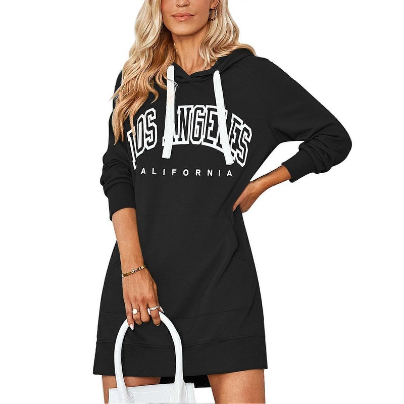 Dress Long Sleeve Print Round Neck Pocket Medium Length Hooded Dress for Women | Fruugo SG