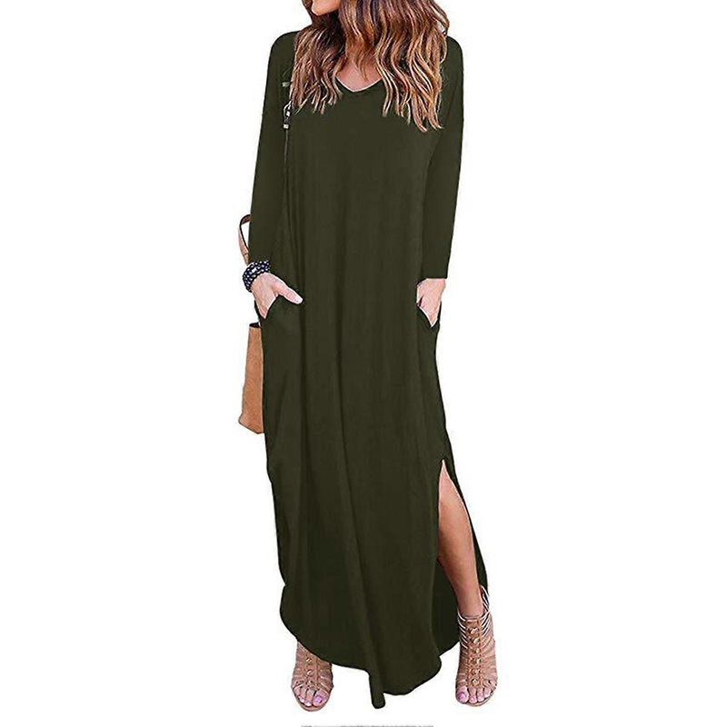 Dress Long Sleeve Side Slit V Neck Pocket Irregular Hem Pure Color Maxi Dress for Women OD Green S | Fruugo SG