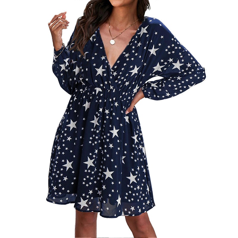 Dress Long Sleeve V Neck Star Print Elastic Waist Liner Fashionable Dress for Women Dark Blue S | Fruugo SG