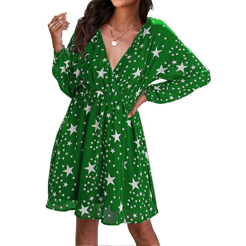 Dress Long Sleeve V Neck Star Print Elastic Waist Liner Fashionable Dress for Women Green M | Fruugo SG