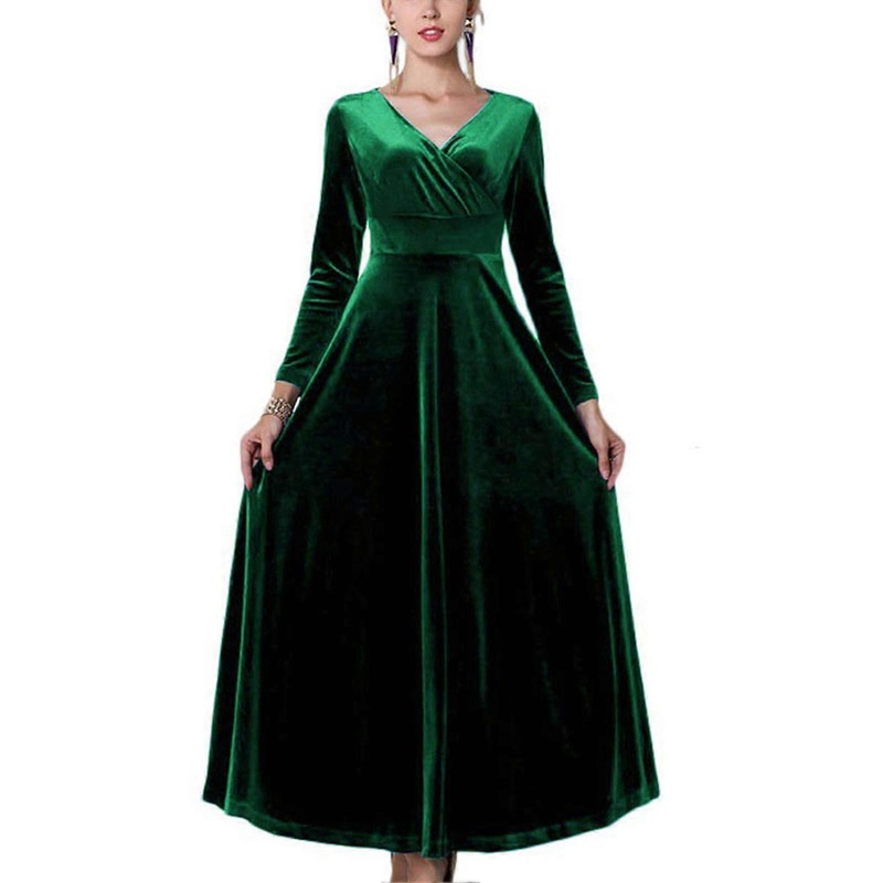 Dress V Neck Long Sleeve Flowy Swing Ankle Length Pleuche Elegant Maxi Dress for Women Atrovirens S | Fruugo SG