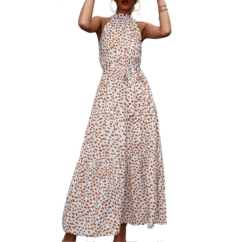 Elegant Beige Printed Maxi Dress – Halter Neck Sleeveless Breathable Summer Long Fashion, XL | Fruugo SG