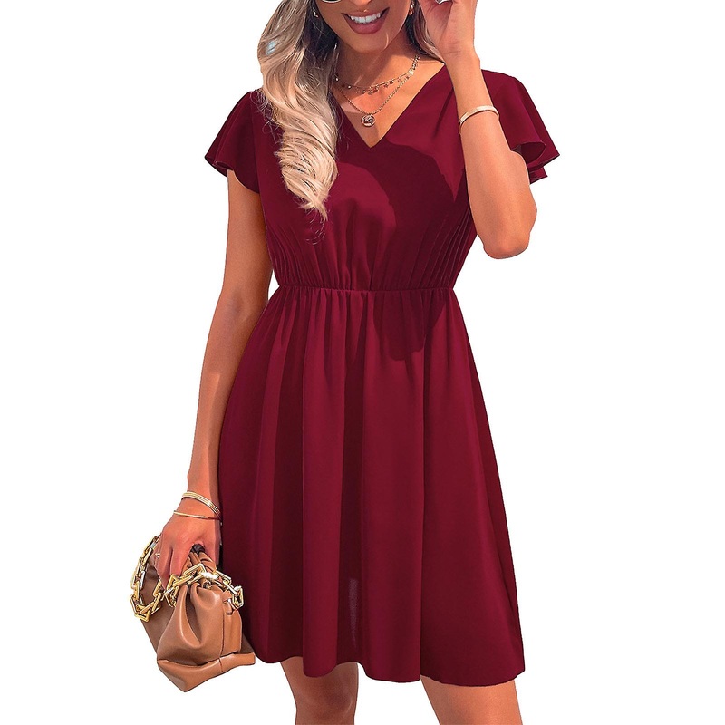 Elegant Dark Red Flutter Sleeve Dress – Crossed Back Elastic Waist Lace Trim A-Line Summer Wear, L | Fruugo SG
