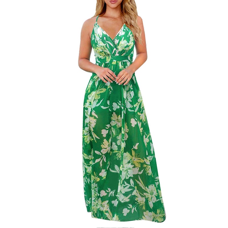 Elegant Green Tunic Maxi Dress – Deep V Neck, Criss Cross Adjustable Strap, Floral Printed, Summer Outfit, Size L | Fruugo SG