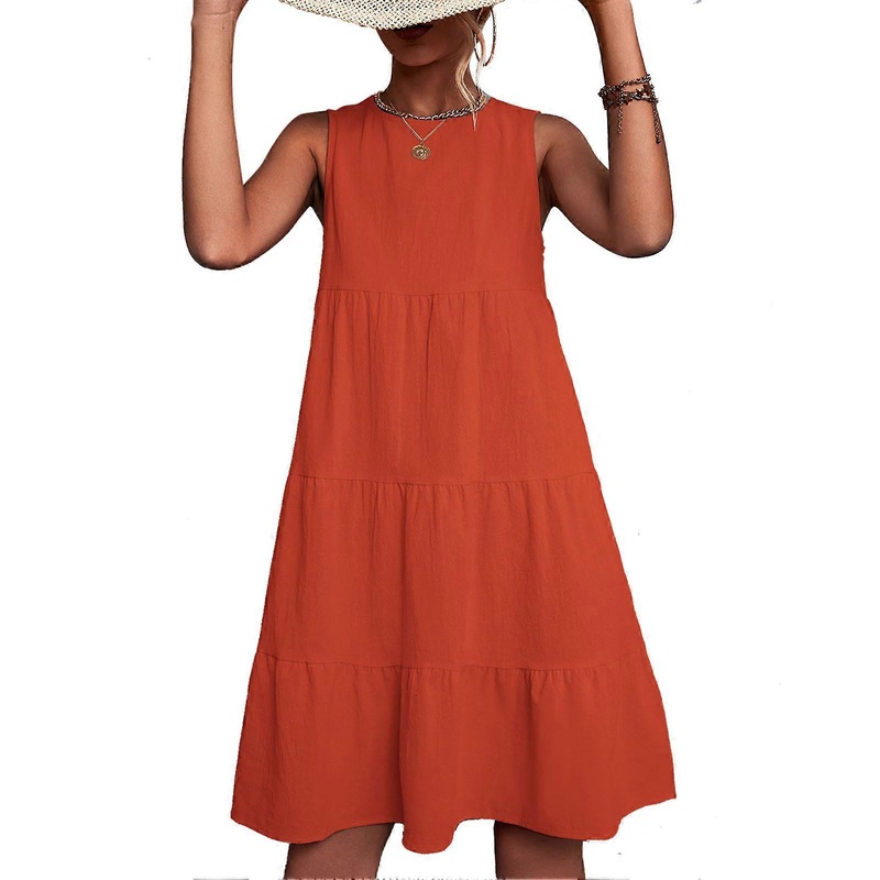 Elegant Orange Sleeveless Dress – Tiered Loose Hem Casual Summer Fashion, L | Fruugo SG