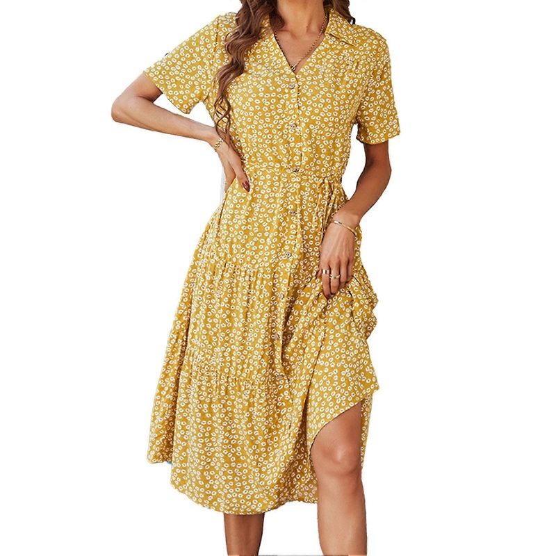 Elegant Yellow Deep V-Neck Lace-Up Waist Dress – High Rise Short Sleeve Casual Wear, XL | Fruugo SG