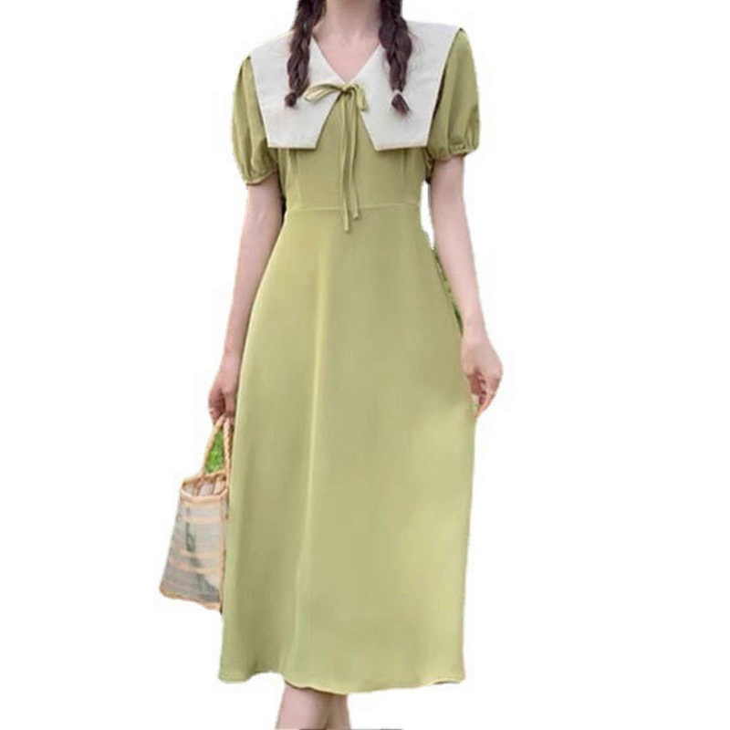 French Long Dress Retro Elegant V Neck High Waist Summer Casual Dress for School Work Travel Green | Fruugo SG