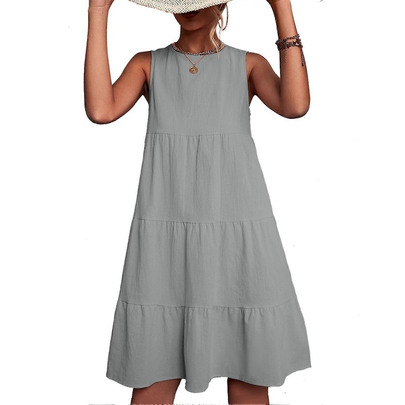 Gray Sleeveless Tiered Dress – Classic Round Neck Flowy Casual Summer Outfit, S | Fruugo SG