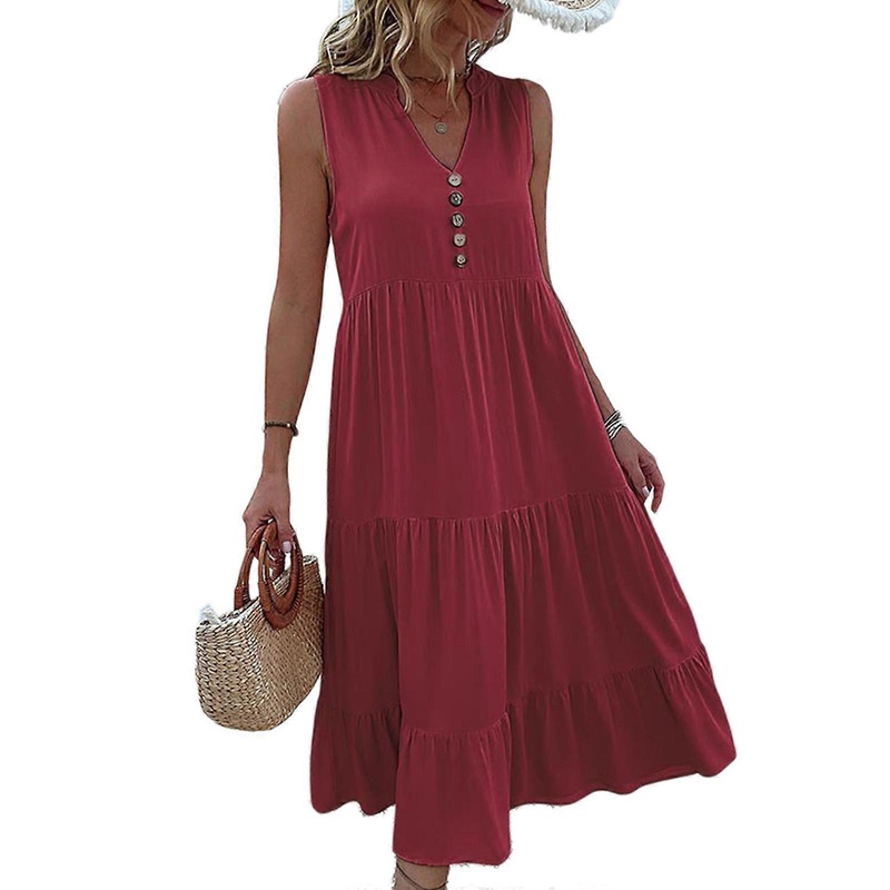 High Waist Ruffle Clothing Solid Color V-neck Dress Straight  Sleeveless Long Dresses for Casual Office School Women  Burgundy M | Fruugo SG