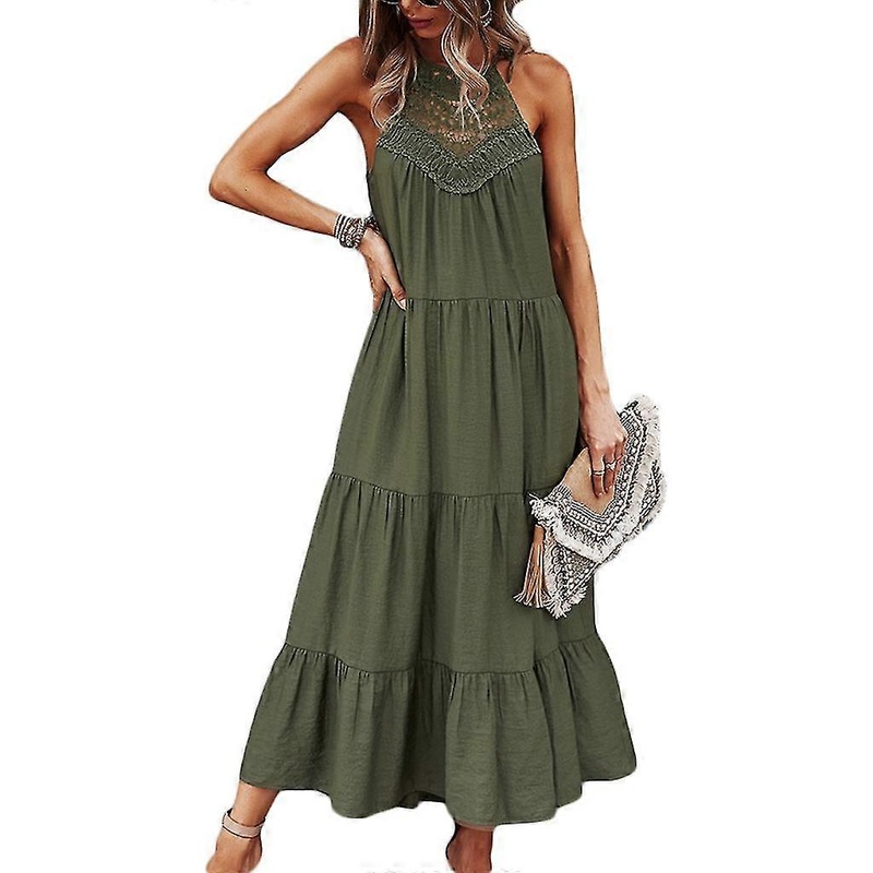M Army GreenWomen Square Neck Spaghetti Strap Summer Casual Beach Party Long Dress | Fruugo SG