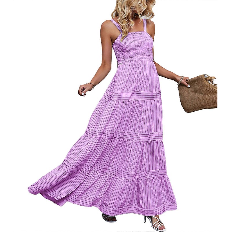 Maxi Dress Strap Waist Shirred Sleeveless Striped Printed Fashionable Women Maxi Dress for Vacation | Fruugo SG