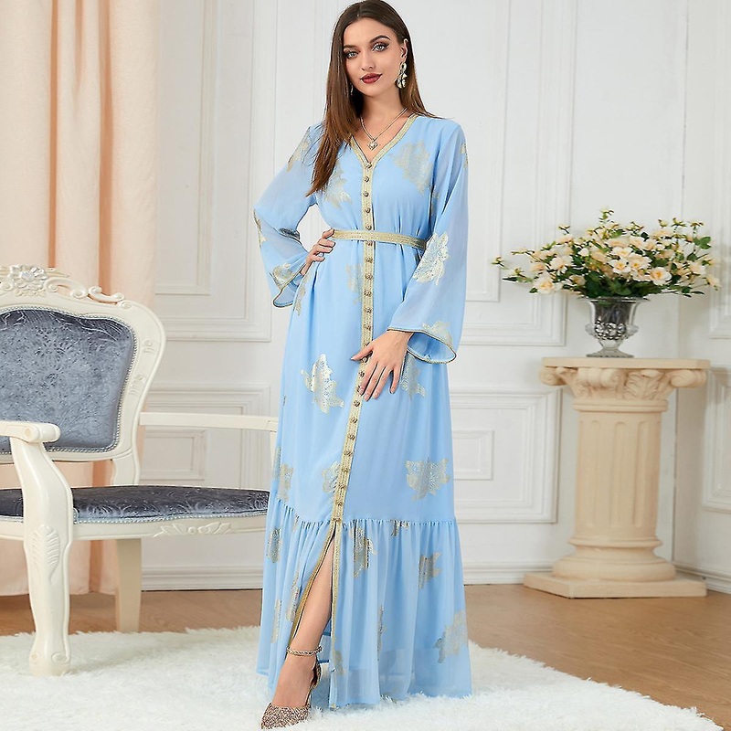 Moroccan Kaftan Dress Chiffon Arabic Gown For Women Gold Stamping V Neck Dubai Party Evening Jalabiya Islam Muslim Robe Ramadan | Fruugo SG