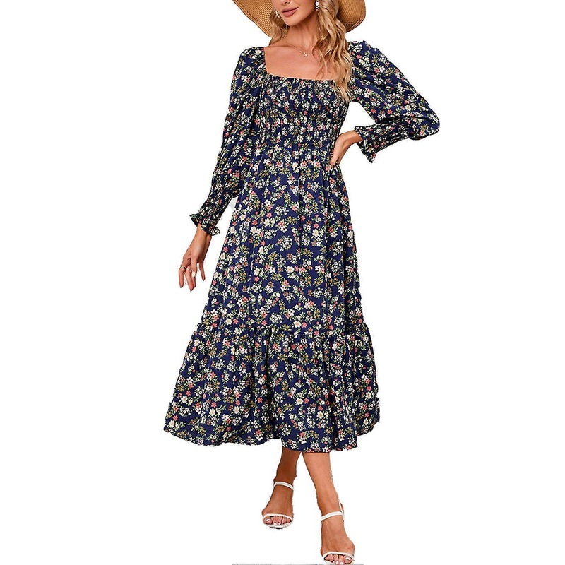Navy Blue S Women Long Dress Square Neck Shirred Dress Long Sleeve Floral Print Dress Ruffle Hem Dress | Fruugo SG