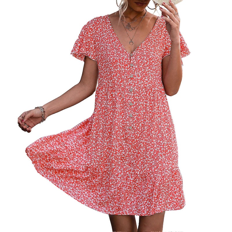 Orange Red Floral Print V-Neck Dress – Stylish Flutter Short Sleeve Ruffle Hem Button Front Outfit, M | Fruugo SG