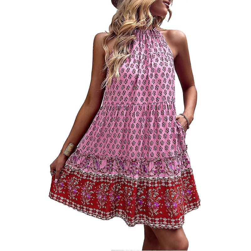 Pink Halter Neck Dress – Sleeveless Boho Tiered Print Flowy Large Hem Summer Casual Fashion, S | Fruugo SG