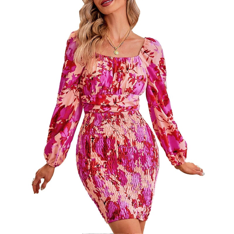 Print Bodycon Dress Floral Pattern Slim Fashion Long Sleeve Backless with Bow Tie for Women Red XL | Fruugo SG