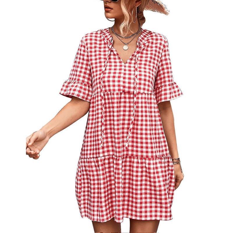 Red & White Plaid T-Shirt Dress – Casual Loose Fit, Breathable V Neck Lace-Up Ruffle Summer Dress, Size XL | Fruugo SG