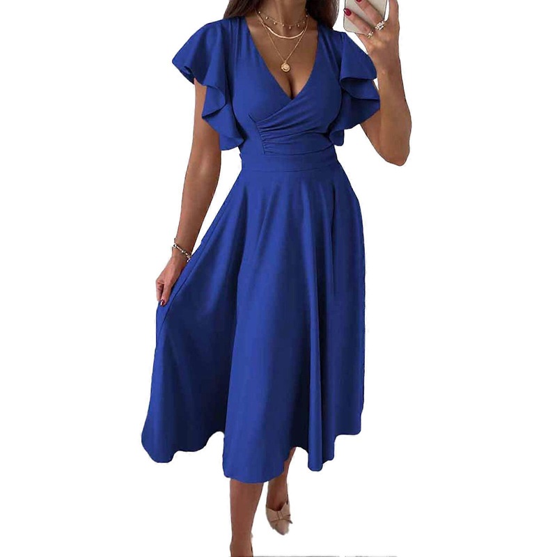 Short Ruffle Sleeve Dress Women Stylish Elegant Pure Color Wrap V Neck Waist Gathered Midi Dress for Work Dark Blue L | Fruugo SG
