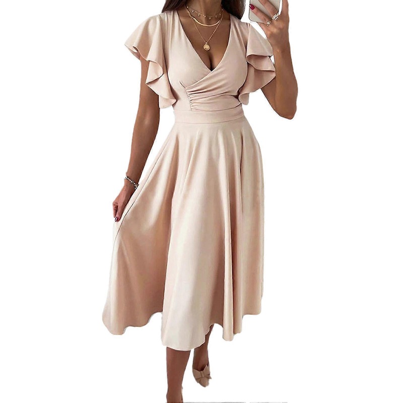 Short Ruffle Sleeve Dress Women Stylish Elegant Pure Color Wrap V Neck Waist Gathered Midi Dress for Work | Fruugo SG