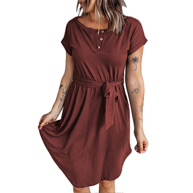 Short Sleeve Dress Fashion Casual Machine Washable Skin Friendly Breathable Women Dress for Summer Wine Red S | Fruugo SG