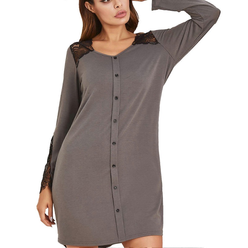 Single Breasted Lace Nightdress Cutout Long Sleeve V Neck Women’s Mini Pullover Dress for Home Dark Grey L | Fruugo SG