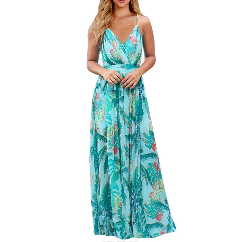 Stylish Blue Deep V Maxi Dress – Criss Cross Back, Adjustable Strap, Floral Printed Long Dress, Size XL | Fruugo SG
