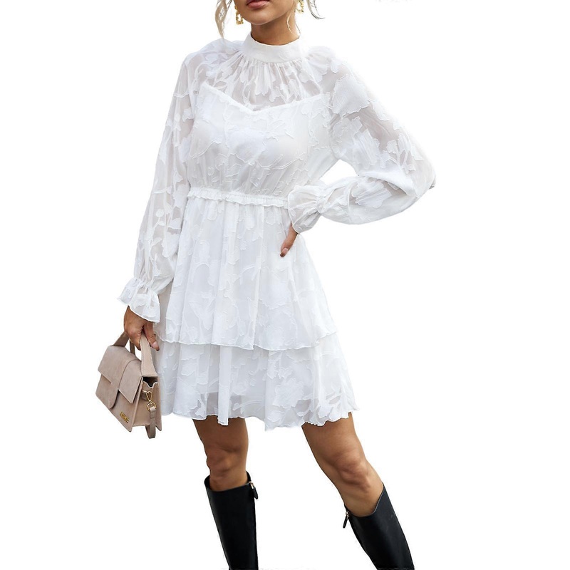 Stylish Fall Tiered Mini Dress with Lace and Chiffon Decor, Long Sleeve Party Dresses Sexy Jacquard Dress for Women Girl  White XL | Fruugo SG