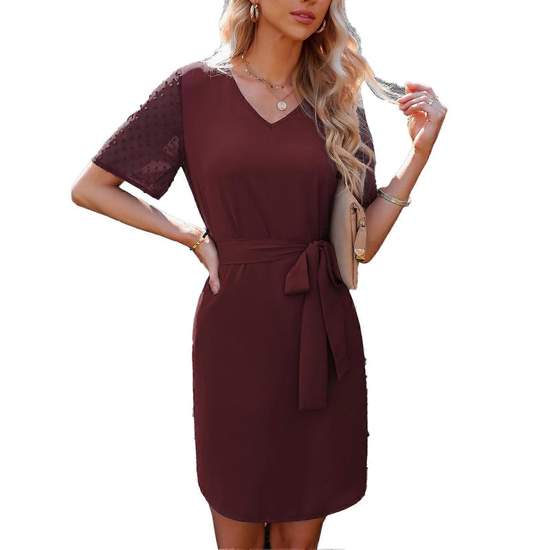 Stylish Wine Red Waist Tie Dress – V Neck Short Sleeve Casual Summer Beachwear, Size XL | Fruugo SG