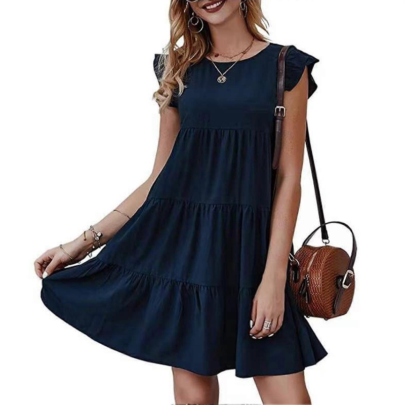 Summer Dress Round Neck Single Color Ruffle Short Sleeve Pleated Dress for Women Dark Blue L | Fruugo SG