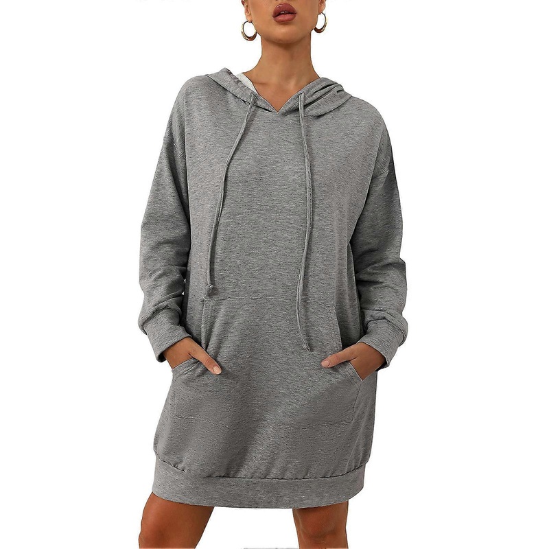 Sweatshirt Dress Long Sleeve Pocket Pure Color V Neck Knee Length Casual Sweater Dress for Women Dark Gray L | Fruugo SG
