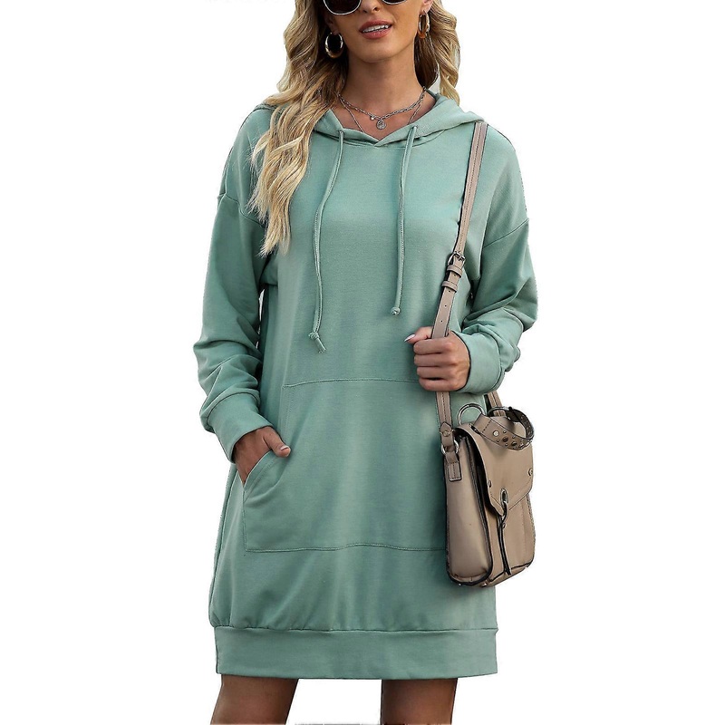 Sweatshirt Dress Long Sleeve Pocket Pure Color V Neck Knee Length Casual Sweater Dress for Women Green XXL | Fruugo SG