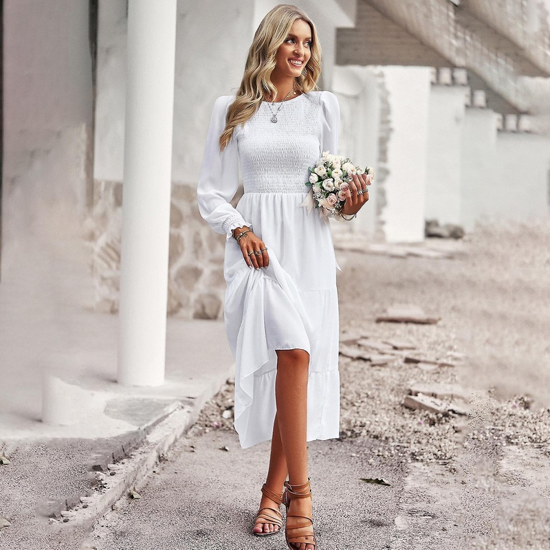 Temperament Elegant Solid Color Spring Summer Women’s O Neck Long Sleeve Chic Dresses | Fruugo SG