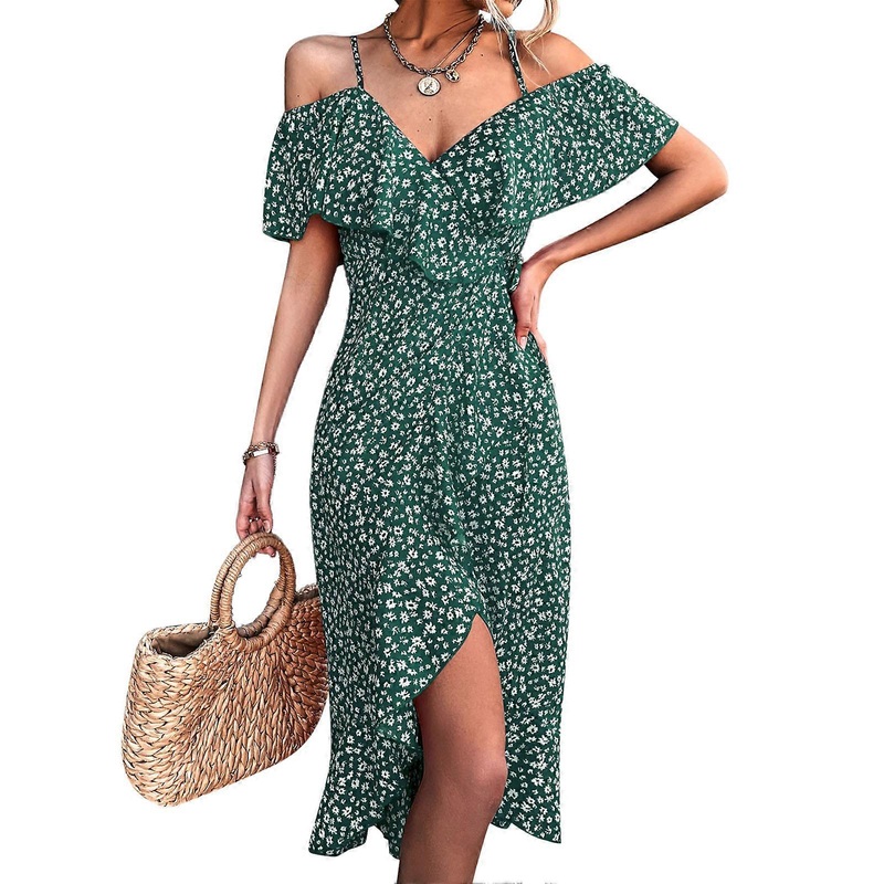 Trendy Green Floral Print Long Dress – Belted V-Neck Ruffle Sleeve Elegant Summer Outfit, L | Fruugo SG
