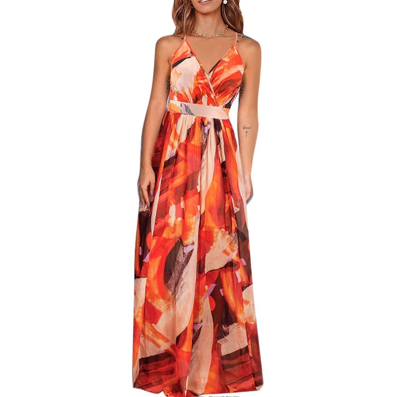 Trendy Orange Floral Maxi Dress LQ226 – Deep V Neck, Criss Cross Adjustable Strap, Lightweight Summer Wear, XXL | Fruugo SG