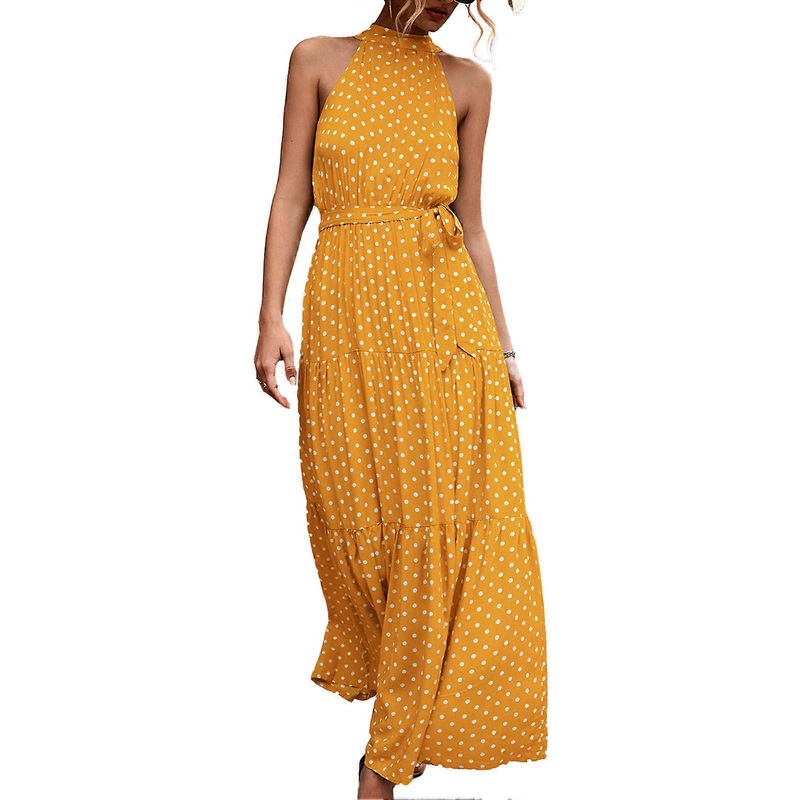 Trendy Yellow Halter Neck Sleeveless Maxi Dress – Breathable Printed Summer Outfit, XL | Fruugo SG
