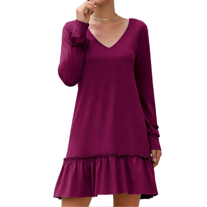V Neck Dress Pure Color Long Sleeve Ruffle Loose Casual Women Dress for Holiday Club Date Work Vacation Rose Red S | Fruugo SG