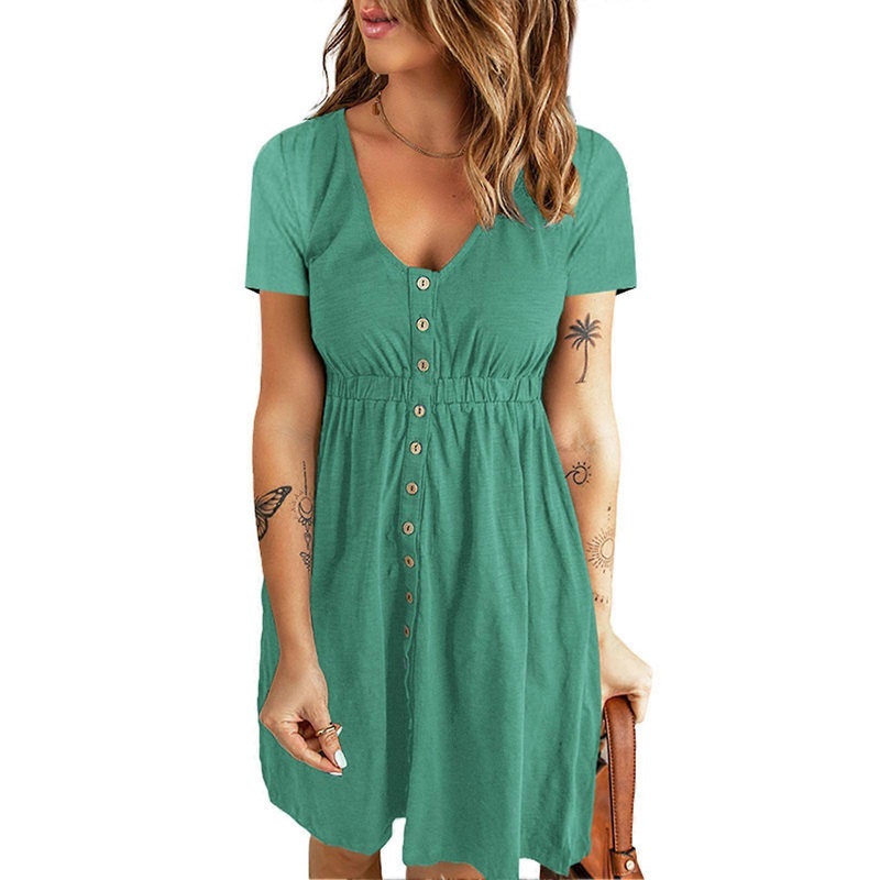 V Neck Front Button Dress Short Sleeve High Waisted Button Front Dress for Women Spring Summer Lake Green XXL | Fruugo SG