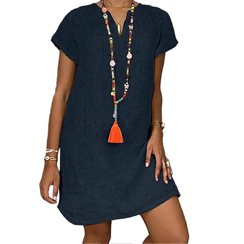 V Neck Short Sleeve Dress Casual Loose Fashion Soft Elastic Simple Flowy Shirt Dress for Summer Dark Blue S | Fruugo SG