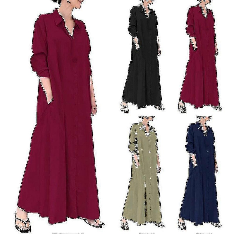 Vintage Women Maxi Cotton Dress Plus Size Long Sleeves Pockets V Neck Ruched Loose Kaftan Robe Dresses-c | Fruugo SG