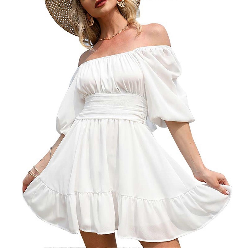 White Off Shoulder Mini Dress – Half Lantern Sleeve Tie Back Ruffled Summer Casual Outfit, S | Fruugo SG
